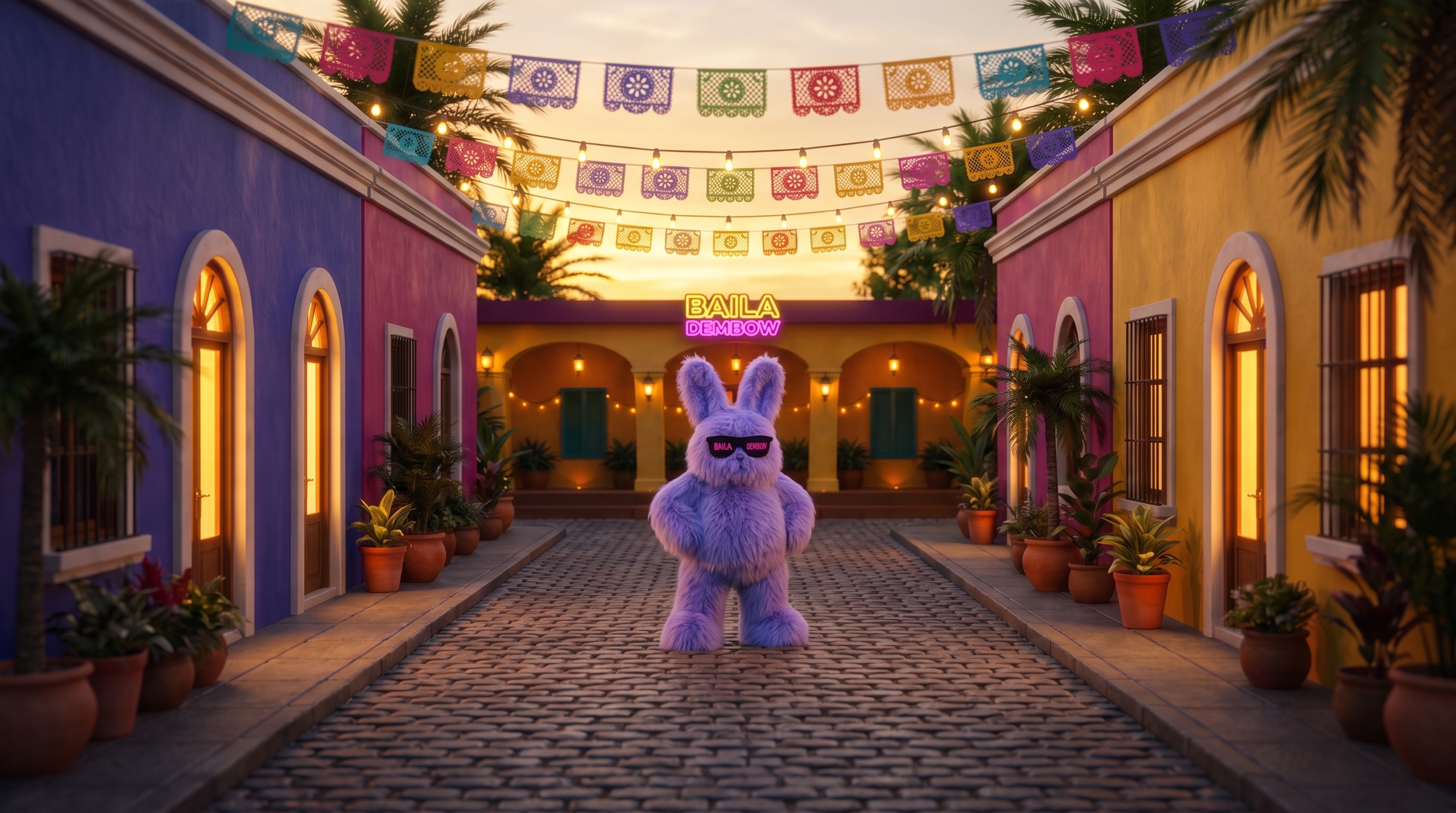 The world of Baila Dembow — the mascot bunny on a Latin American street at dusk